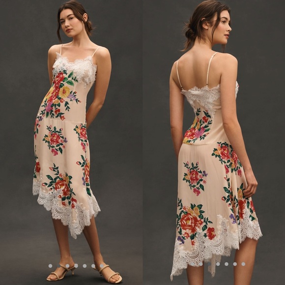 By Anthropologie sleeveless V neck lace slip midi dress
